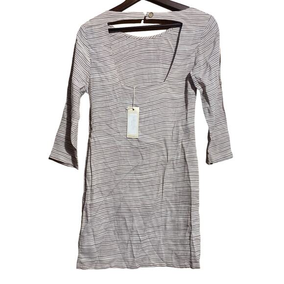 NWT NOMBRE Beige Stripe 3/4 sleeve open back dress Made in USA Women's XS - Picture 2 of 11